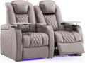 Weilianda Home Theater Seating Top Grain Leather Zero Gravity Recliner Chair Power Headrest Recline Movie Seat Gaming 7 Colors Mood Light Sofa with Tray Table USB Charge Row of 2 Grey