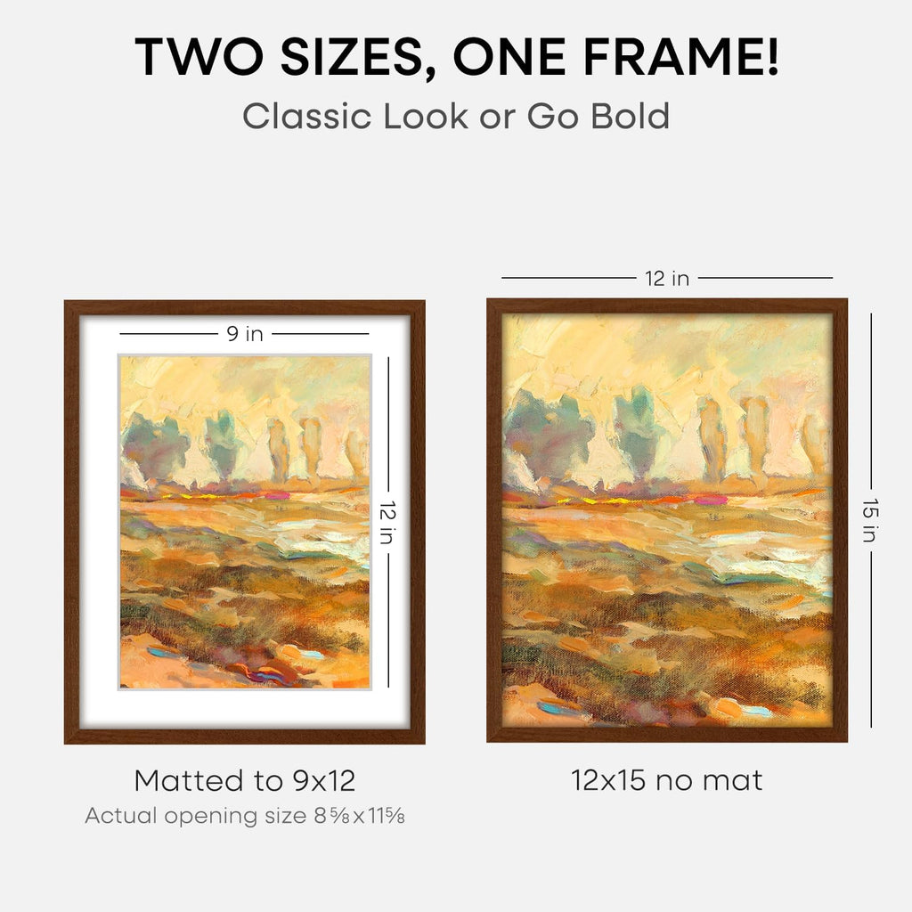 Homeforia 12x15 Picture Frame Brown, High End Dark Oak 12x15 Walnut Wood Poster Frame with Mat 9x12 Print, 12 x 15 Wooden Frame Matted to 9 x 12 Photo, 15x12 Frames, Tempered Glass, Wall Kit, Set of 1