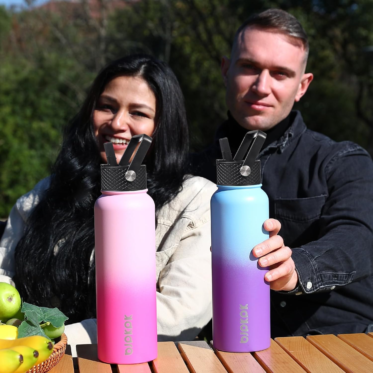 BJPKPK 2 Pack Insulated Water Bottles with Straw Lids, 40oz Stainless Steel Metal Water Bottle with 6 Lids, Leak Proof BPA Free Jugs, Cups, Flasks for Travel, Sports (Lavender Green+Black)