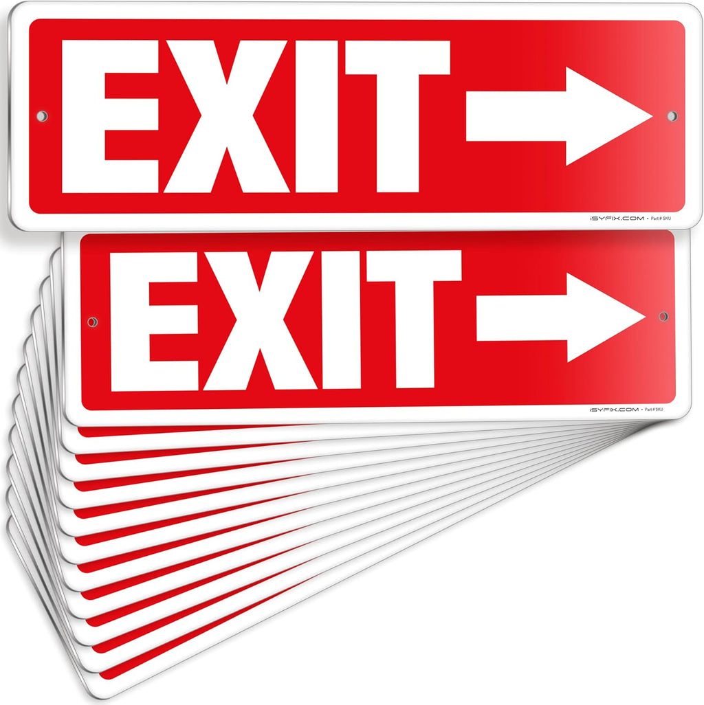 iSYFIX Exit Signs 12 Pack 12x4 Inch with Directional Right Arrows - Rust Free Aluminum, Laminated for UV, Weather, Scratch Resistance - Ideal for Offices, Schools, Theaters, Restaurants
