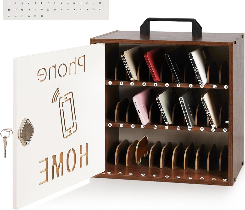 Echaprey Cell Phone Holder Classroom Adjustable 33 Slots Pocket Chart Wooden Cell Phone Storage Cabinet with Handle and Lock Desktop Cell Phone Holder for Classroom Office (Black Walnut)