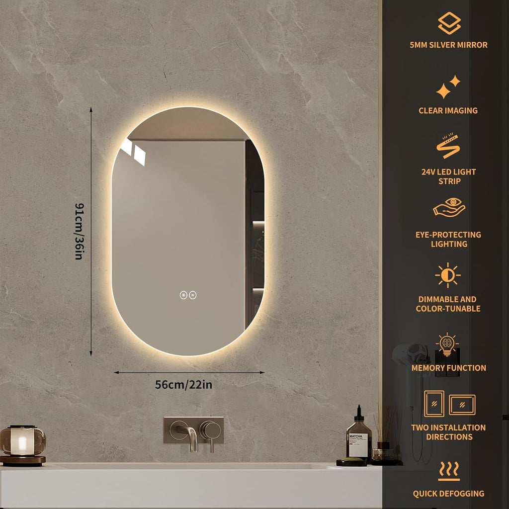 LAIYA 24V Full-Power Oval LED Bathroom Vanity Mirror,36X22inch Frameless Backlit Mirror with Light, Smart Anti-Fog Waterproof Mirror with Memory Function Dimmable Lighted Mirror
