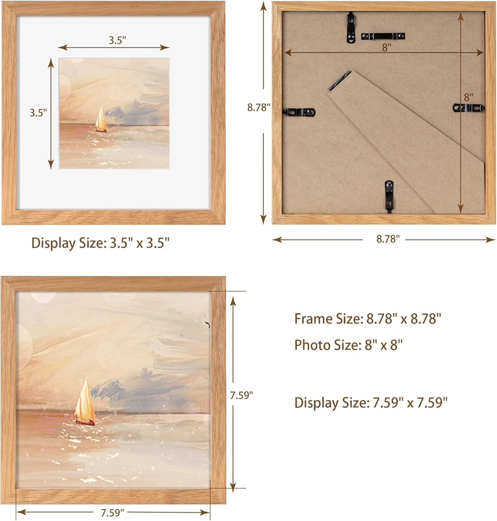 8 x 8 Oak Wood Picture Frames, Set of 3, Square Photo Frame 8x8 for Wall, 8x8 Frame Matted to 4x4 - Real Tempered Glass, 8"x8" Picture Frames (Natural Oak Color, 3 Pack)