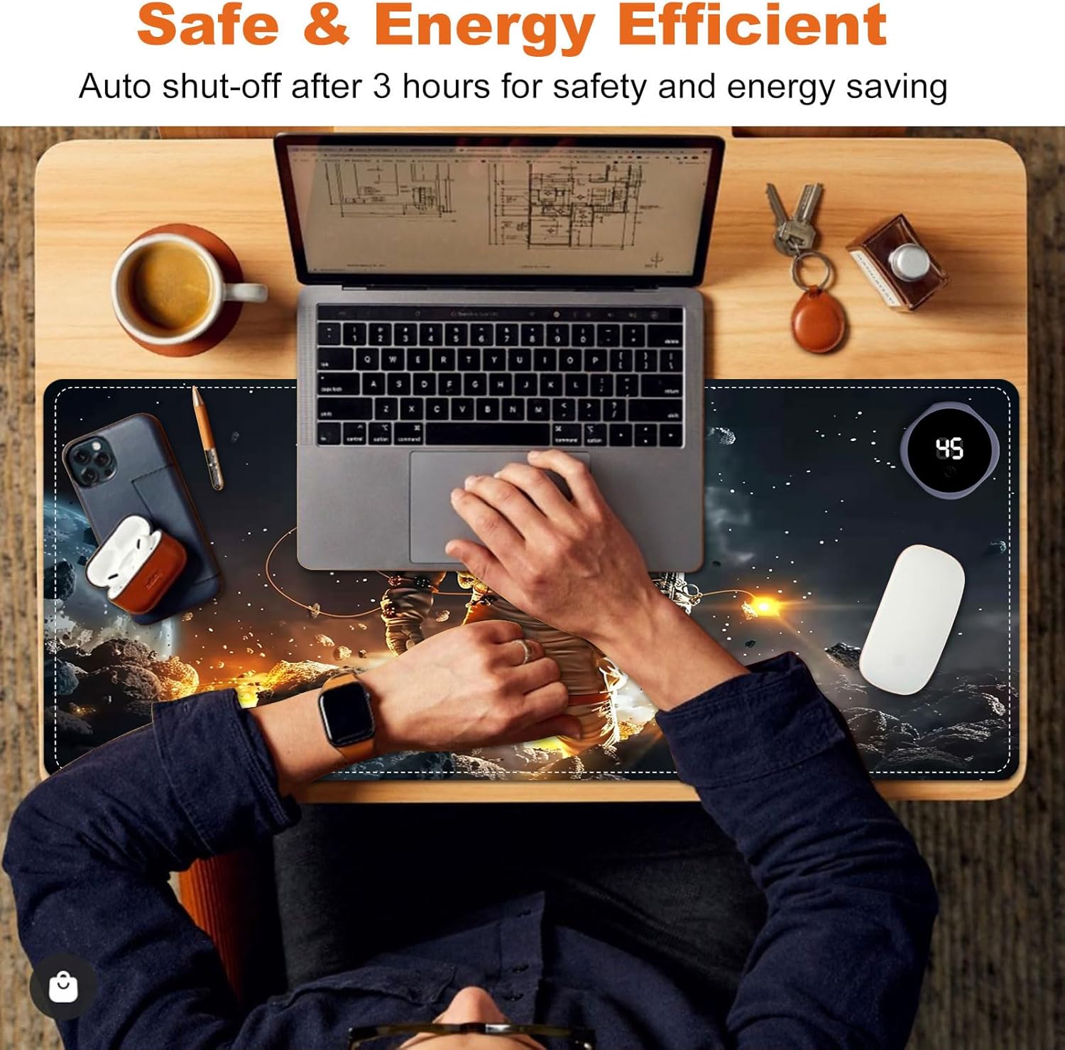 Heated Mouse Pad for Desk 31.5" x 13" – PU Leather Warm Desk Pad with 3 Heat Levels (104°F/113°F/122°F), Plug-in Electric Heating Mat with Auto Shut-Off, Waterproof & Rollable, Astronaut