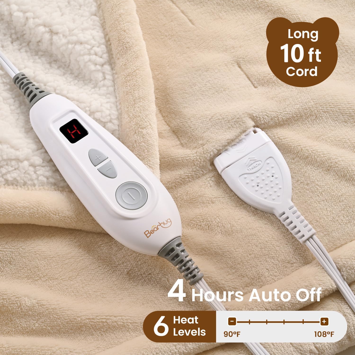 Bearhug Electric Throw Blanket 50" x 60", Reversible Velvet & Sherpa Heated Throw Beige, 6 Heating Levels & 4H Auto Off, Over-Heat Protect, ETL Certification, Machine Washable