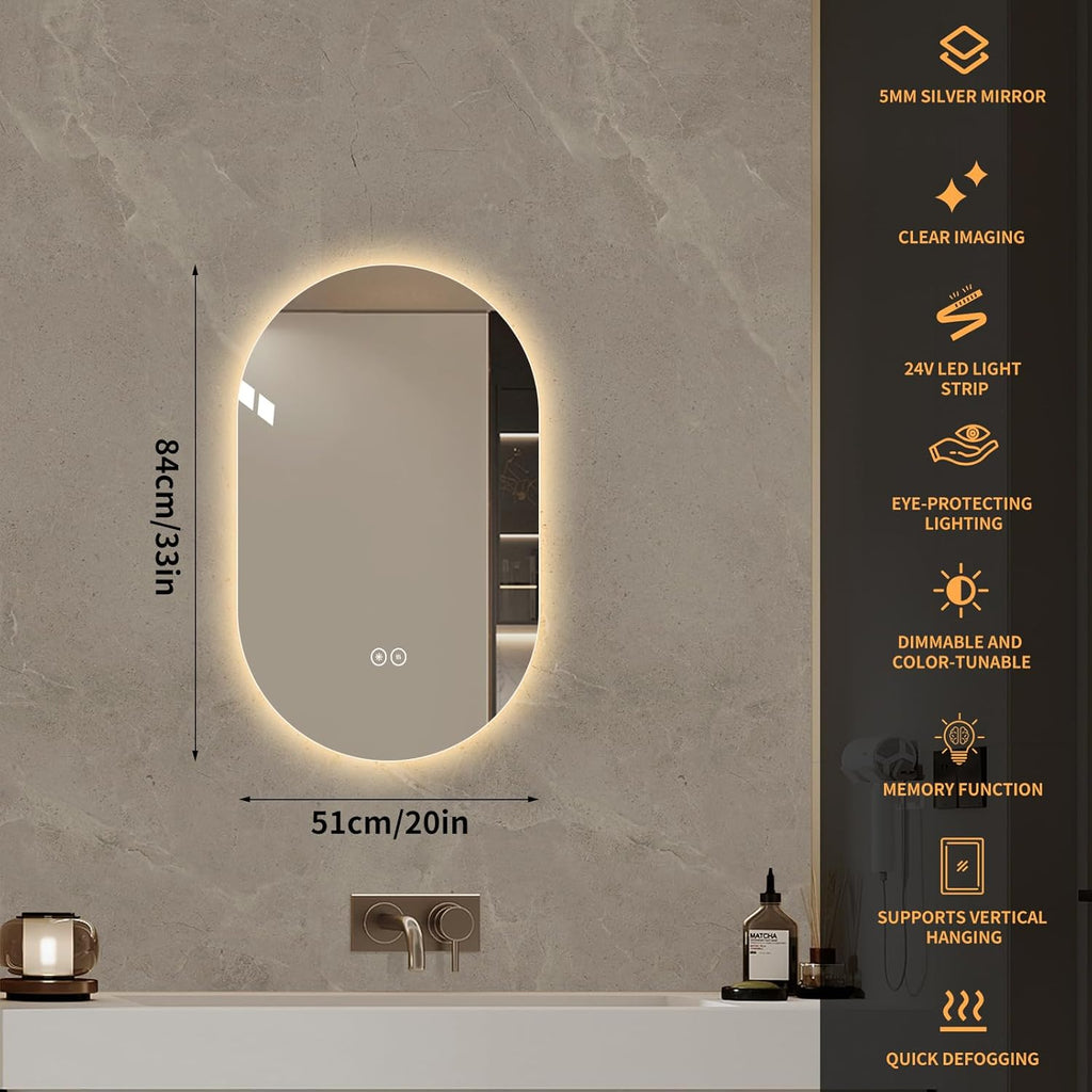 LAIYA 24V Full-Power Oval LED Bathroom Vanity Mirror, 33x20inch Frameless Backlit Mirror with Light, Smart Anti-Fog Waterproof Mirror with Memory Function Dimmable Lighted Mirror