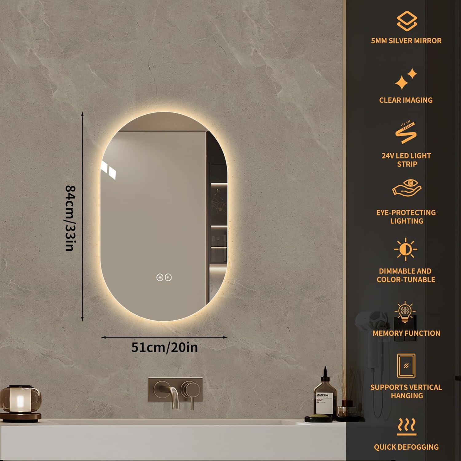 LAIYA 24V Full-Power Oval LED Bathroom Vanity Mirror, 33x20inch Frameless Backlit Mirror with Light, Smart Anti-Fog Waterproof Mirror with Memory Function Dimmable Lighted Mirror