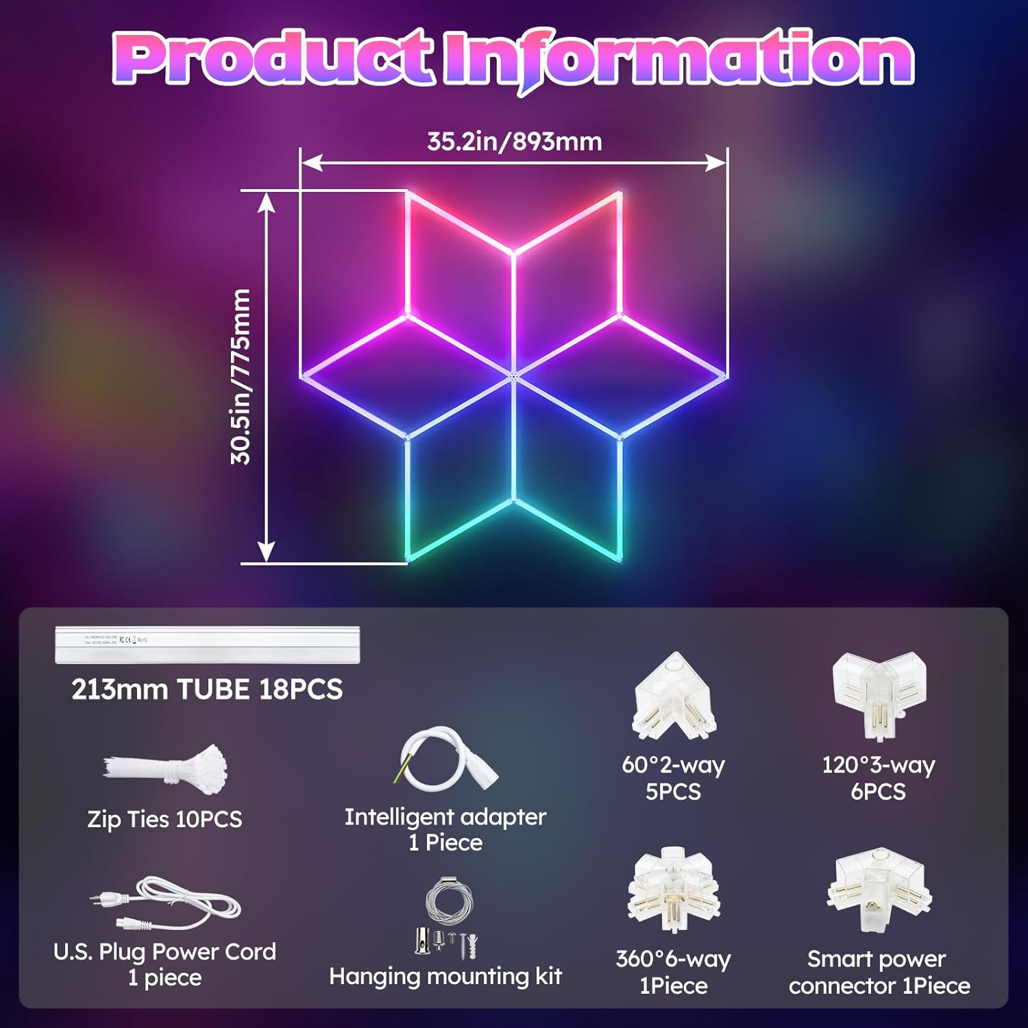 RGB Hexagon Garage Lights - 356 Colors Mode with Music Sync, 18-Piece LED Honeycomb Light Set for Garages, Workshops, Man Caves, Bedroom, Bars