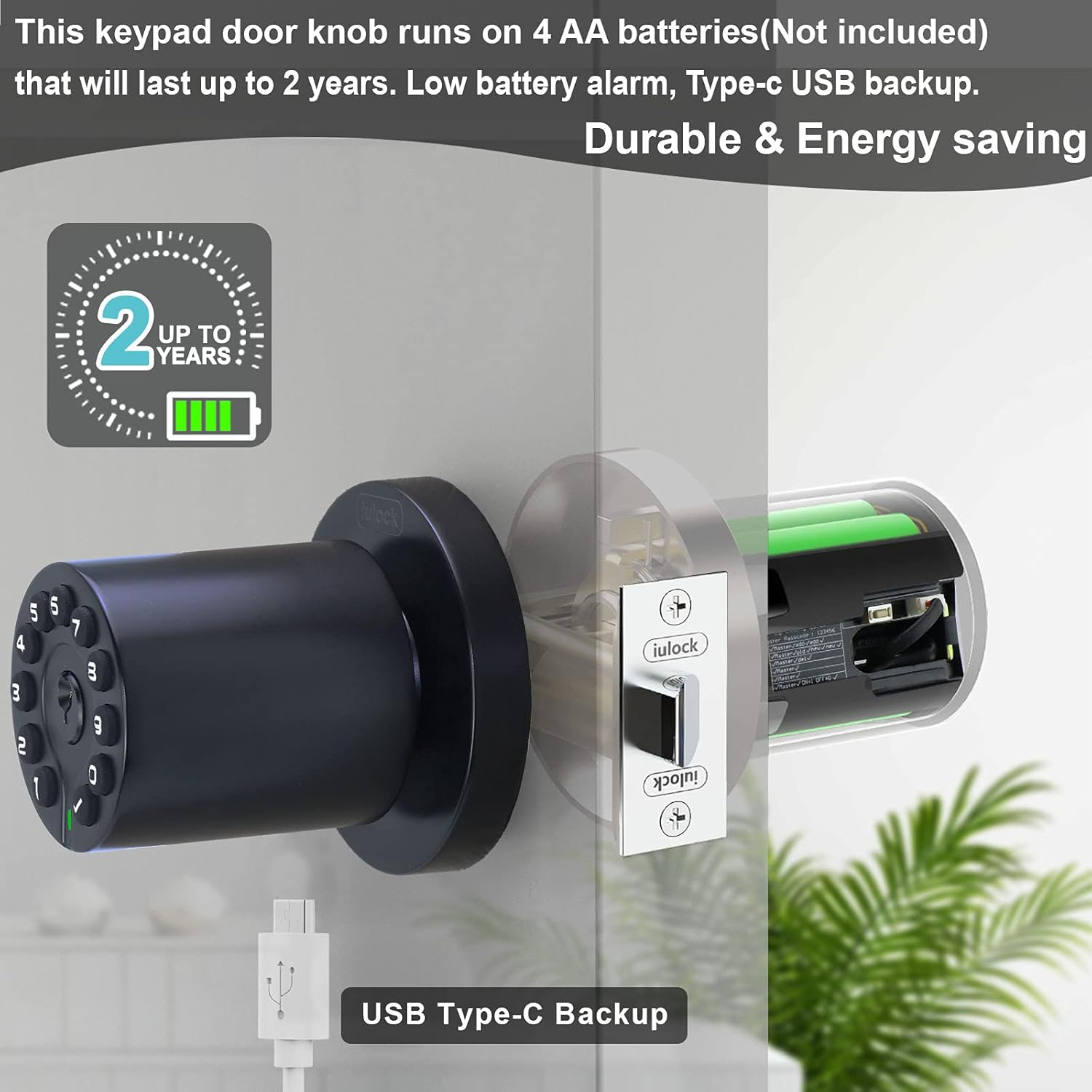 IU-20 Code Door Lock, Electronic Door Knob with Keypad and Key, Auto Lock, Waterproof, Passage Function, Long Battery Life,50 Codes, Easy to use and Install for Office/Warehouse/Bedroom/Garage