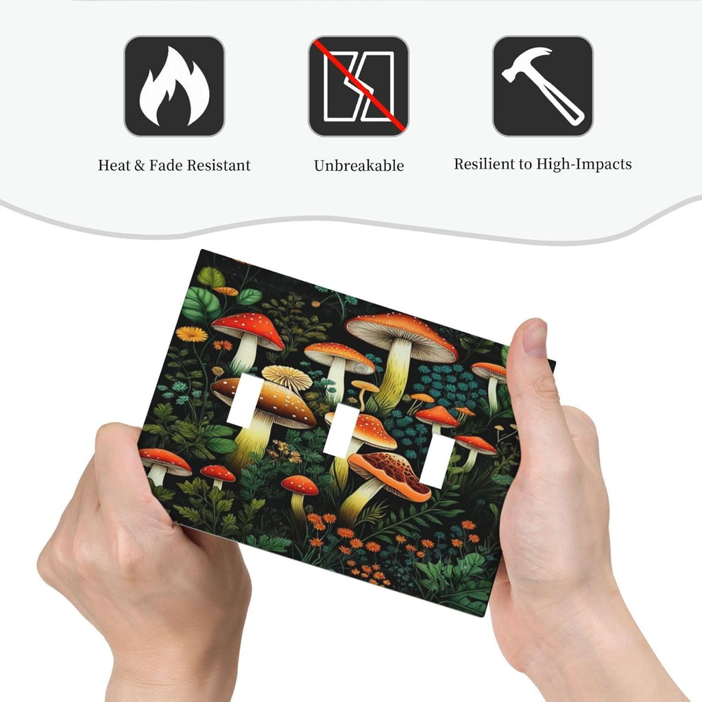 Decorative Light Switch Plate Covers Boho Red Mushroom Green Leaf Plants Floral 3 Gang Wall Plate Switch Cover Plate Triple Toggle Jumbo Electrical Faceplate for Bedroom Home Decor