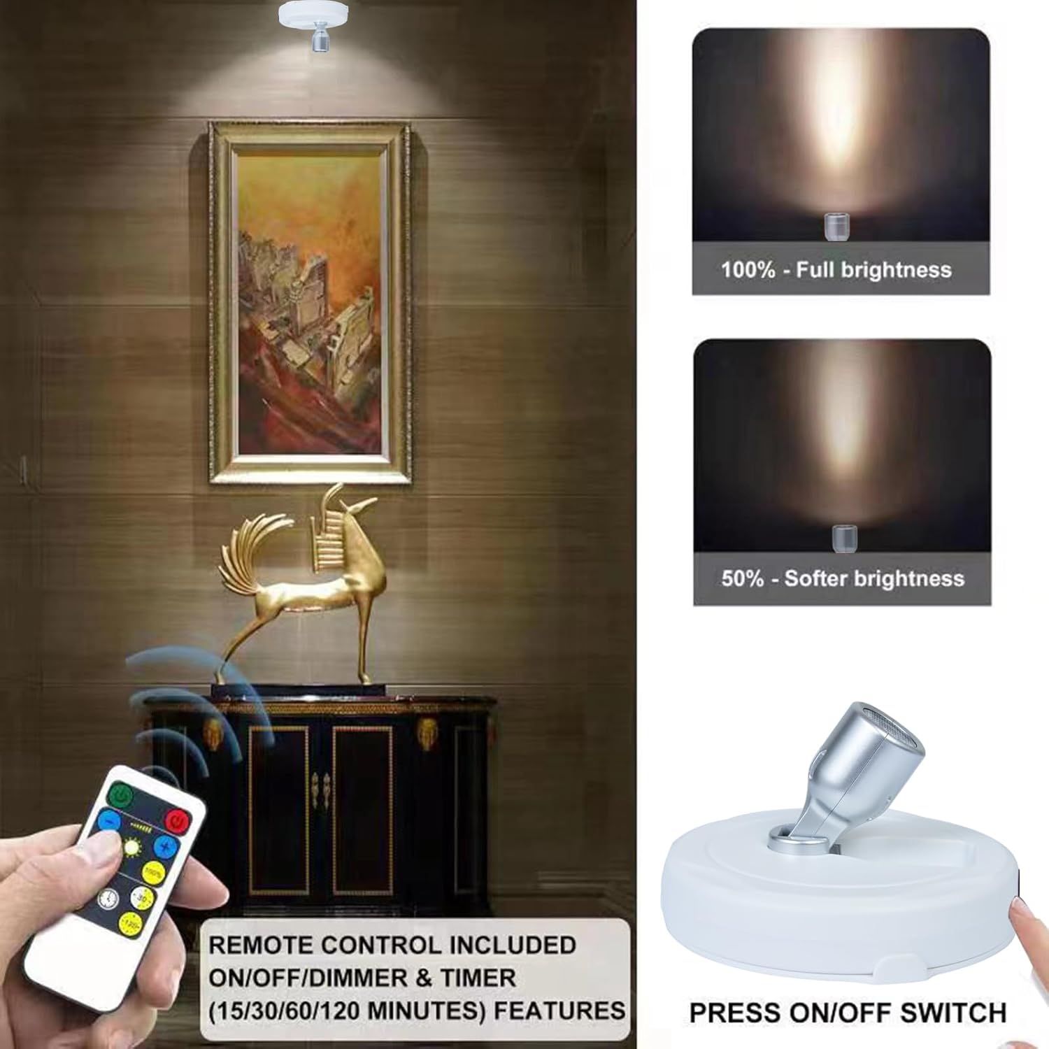 LED Spotlight, Battery Operated Picture Lights, Uplighting Indoor, Puck Lights with 2 Remote, Dimmable Spot Up Light for Wall Display Dartboard Painting Artwork Accent