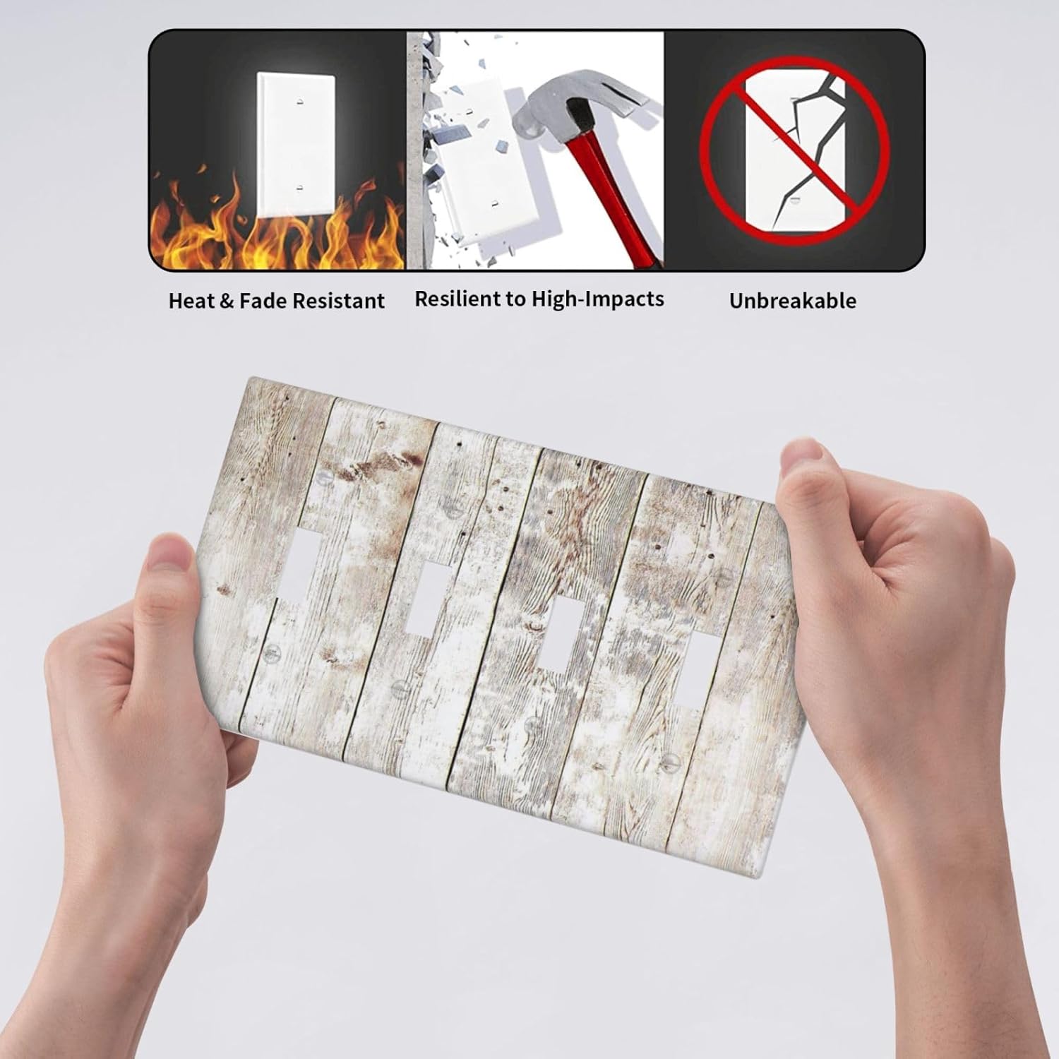 Vintage Light Wood Retro Rustic White Gray Oak Print Light Switch Covers Quad Toggle Electrical Faceplate 4 Gang Wall Plate Decorative Switch Plates Cover for Farmhouse Home Decor