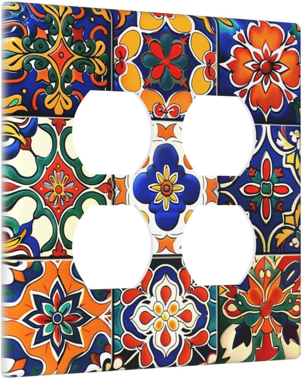 Outlet Covers Colorful Mexican Talavera Vintage Boho Floral 2 Gang Double Duplex Decorative Light Switch Covers Electrical Wallplates Socket Faceplate For Farmhouse Cabin Decor
