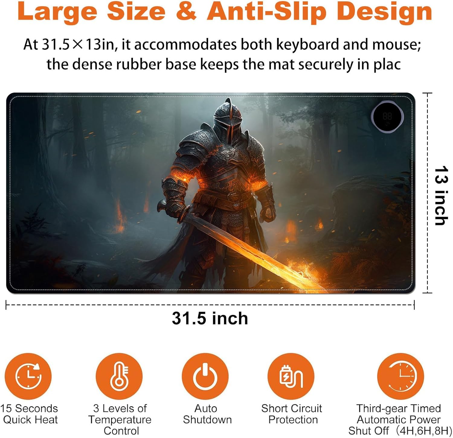 Heated Mouse Pad for Desk 31.5" x 13" – PU Leather Warm Desk Pad with 3 Heat Levels (104°F/113°F/122°F), Plug-in Electric Heating Mat with Auto Shut-Off, Waterproof & Rollable, Fire Warrior