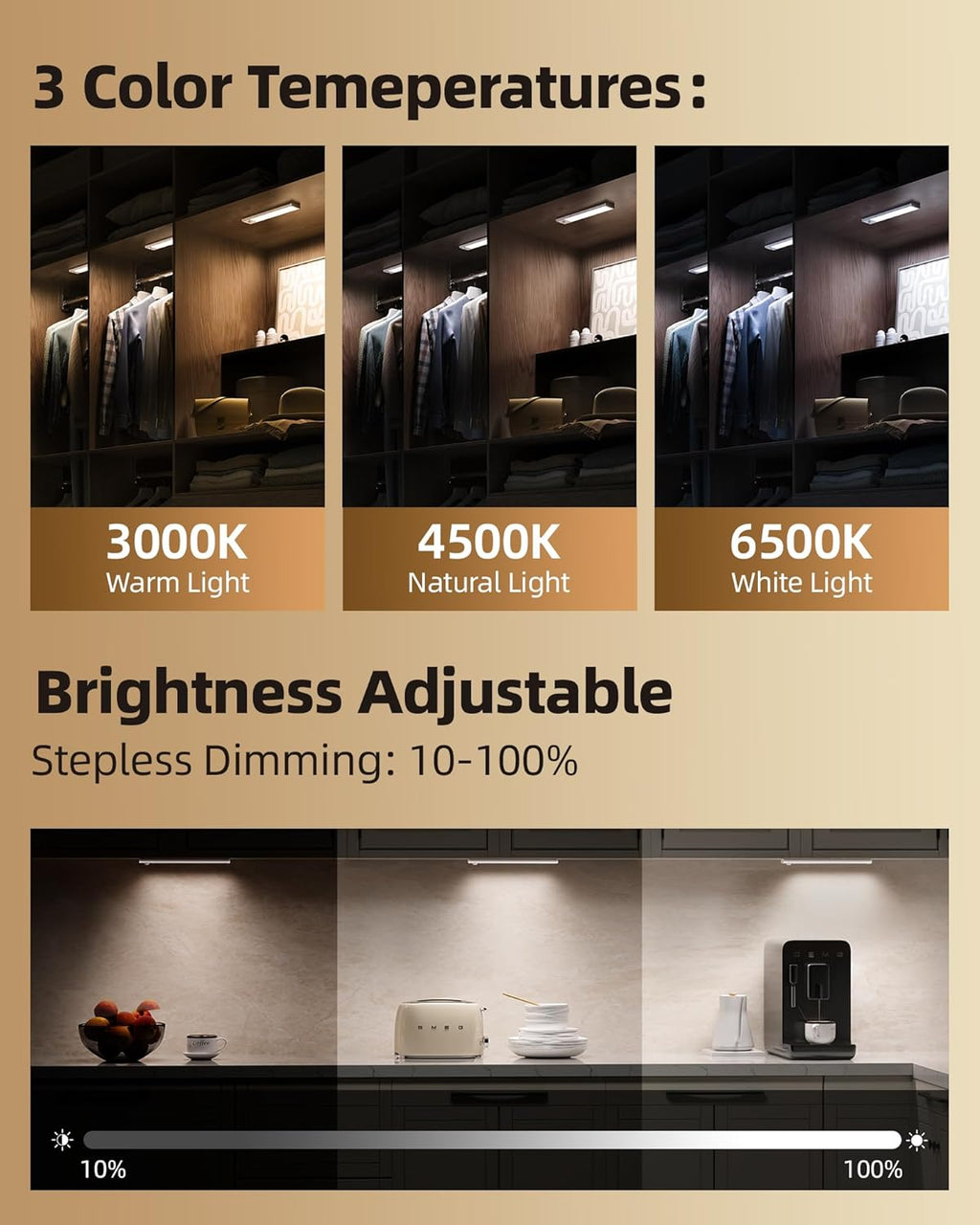 6Pack 7.8inch Under Cabinet Lighting, Rechargeable Motion Sensor Light Wireless Indoor, Dimmable 3 Color Temps Closet Lights with Remote, Under Counter Lights for Kitchen, Stairs, Bookshelf