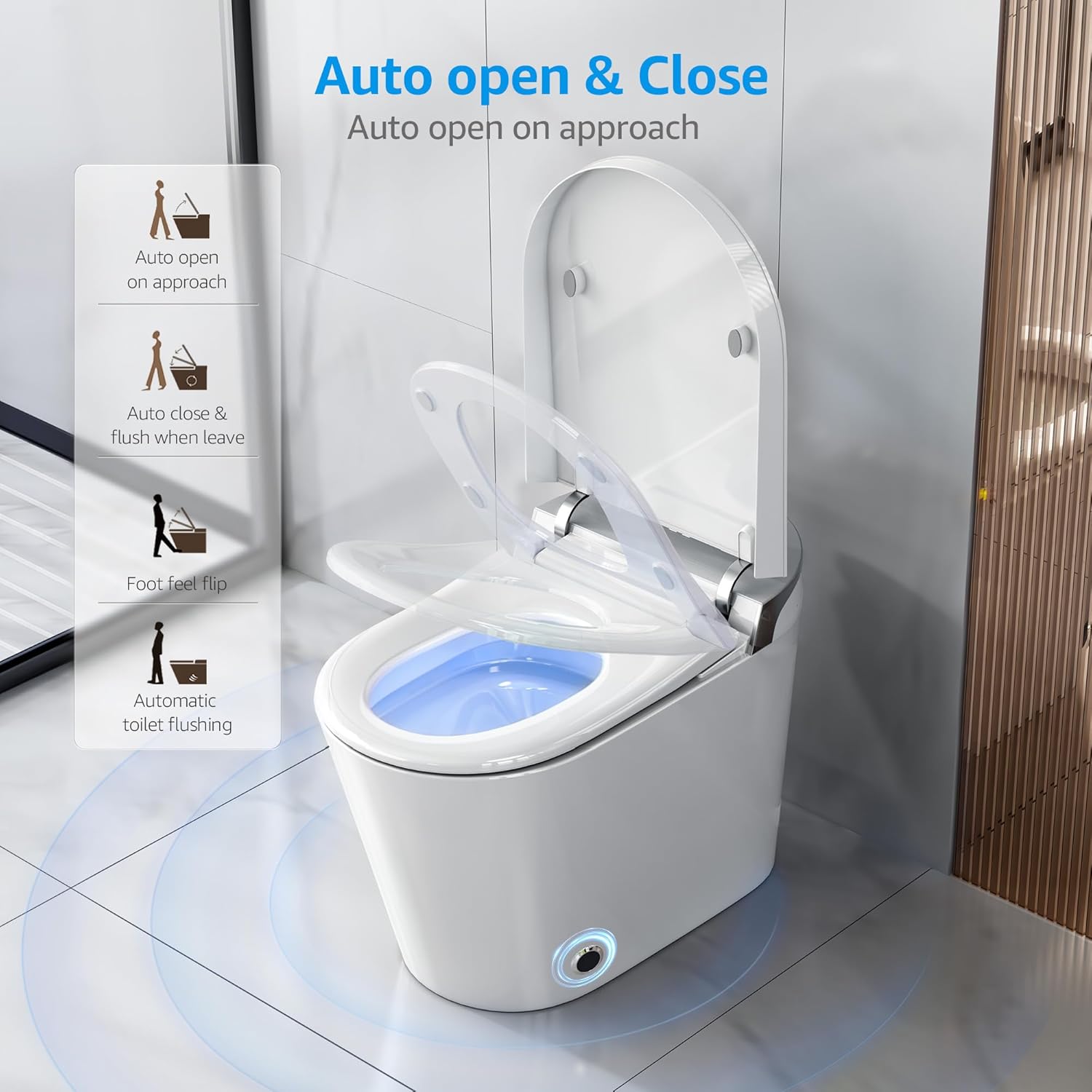 Smart Toilet with Bidet Built In, Auto Open & Close, Foot Sensor Flush, Heated Seat, Warm Water, Dryer, Tankless Dual Flush Elongated Toilet, Foam Shield, LED Night Light & Remote Control