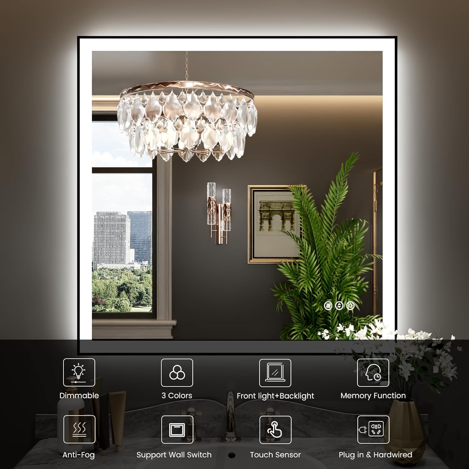 WTTY 36"X36" LED Bathroom Mirror with Black Frame, Bathroom Vanity Mirror with Lights for Wall, Front Light and Backlit, Anti-Fog, Dimmable, 3 Colors, Shatterproof, Memory, Horizontal/Vertical