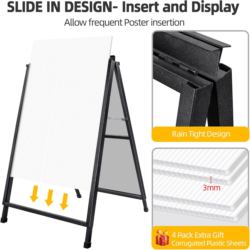 2 Pack Heavy Duty A-Frame Sidewalk Sign 24 x 36 Inch, Portable Double-Sided Sandwich Board Slide-in Folding Metal Signboard with 4 Plastic Poster Boards