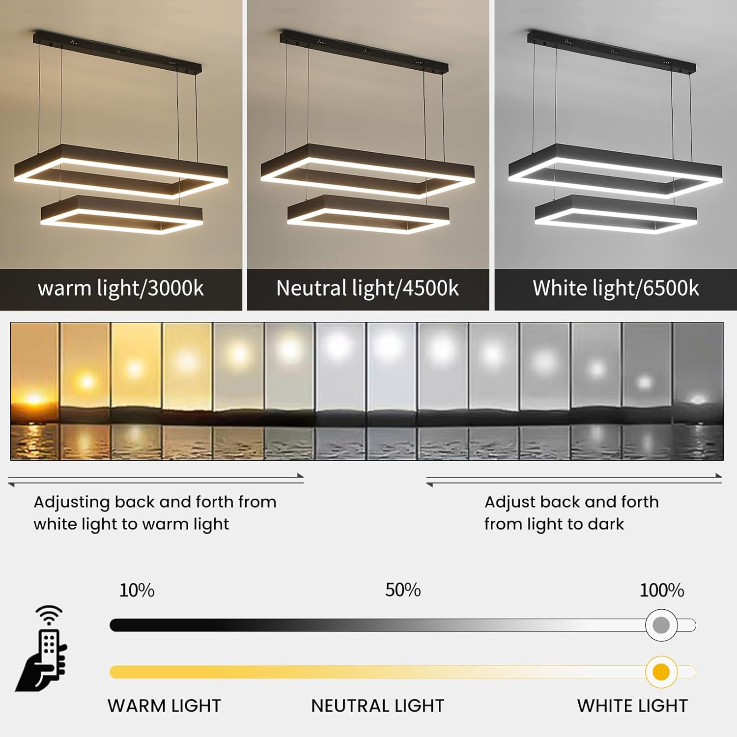 Modern Chandeliers for Living Room, 2-Ring Rectangles Pendant Light Kitchen Island Fixtures, Dimmable LED Chandelier for Dining Room Bedrooms, Black (40CM/60CM)