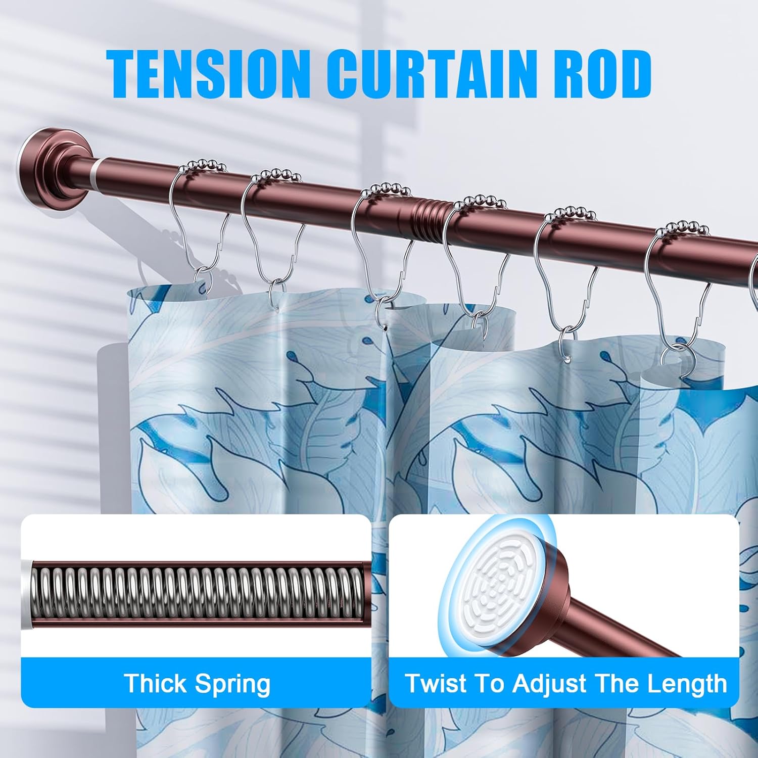 TEECK Shower Curtain Rod, 32-43 inch Adjustable Spring Tension Curtain Rod, Never Rust Anti-Slip Shower Curtain Rod for Bathroom, No Drilling, Never Collapse, Easy to Use, Brown
