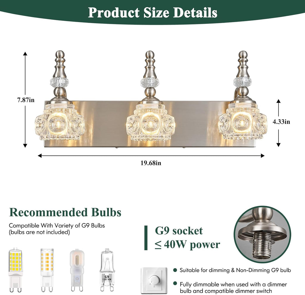 Modern Glass Crystal Vanity Light - Vintage Bathroom Lighting Fixtures Over Mirror, 3 Light Vanity Lights G9 Bulb (19.68 Inch, Nickel)