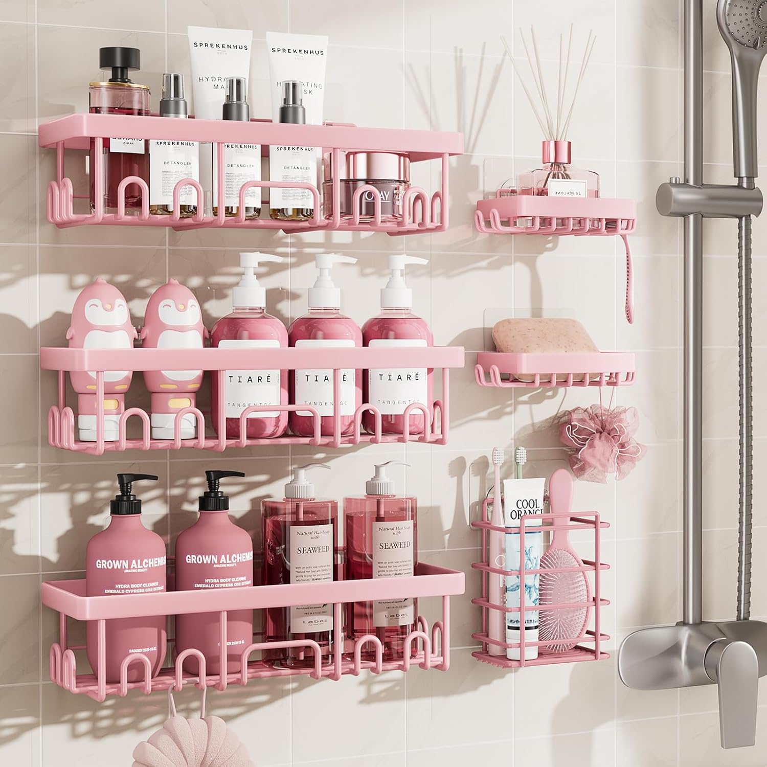 Veken Large Capacity Shower Caddy 6-Pack, No Drilling & Rustproof, Adhesive Shower Shelves with Soap Holder, Bathroom Organizers and Storage, Wall-Mounted Kitchen & Home Decor, Pink