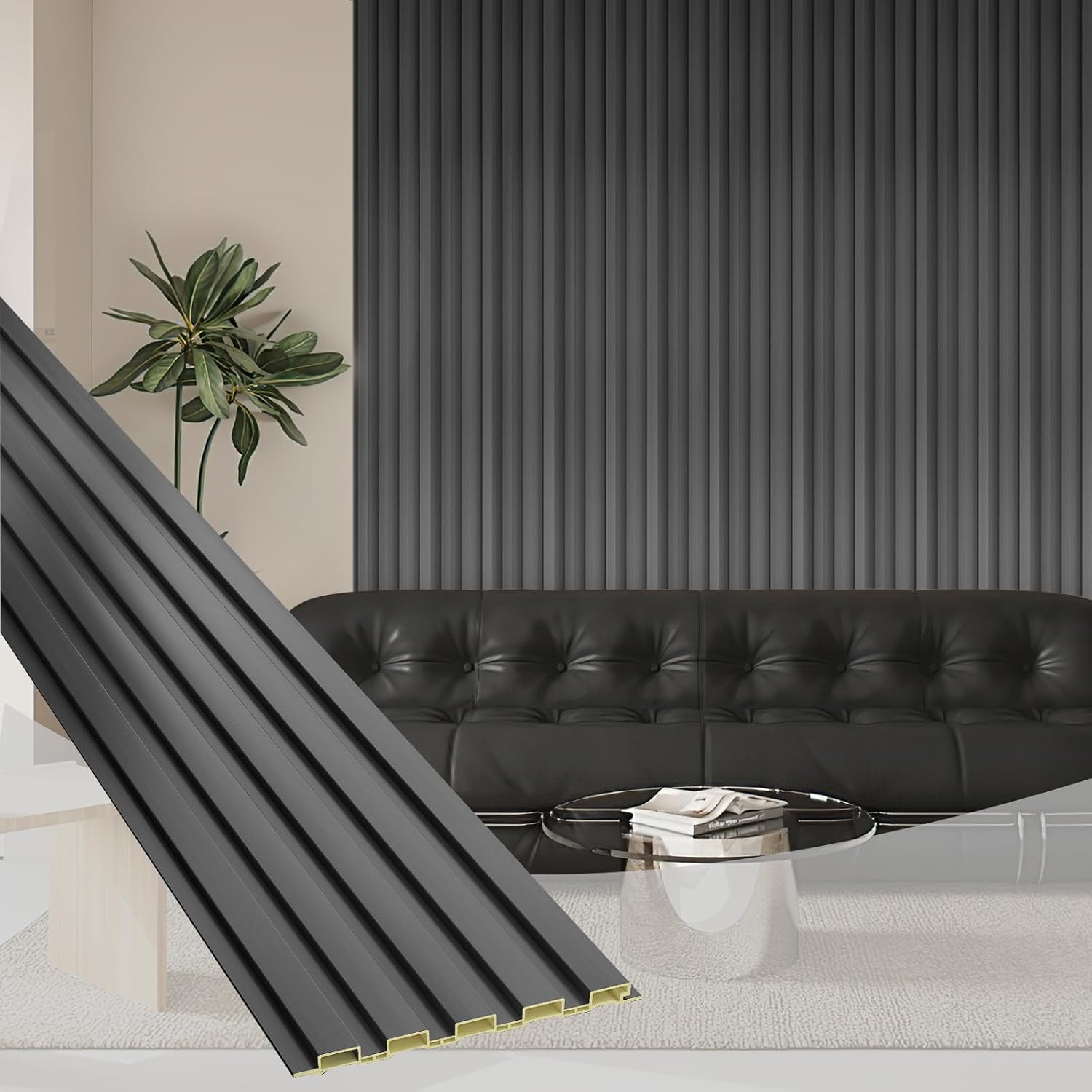 OUZUGIE WPC Acoustic Slat Wall Paneling, 8-Pack 114 x 6 Inches 3D Wall Panels for Interior Wall Decor,Living Room,TV Background,Study Room,Office Spaces,Bedroom,Low Grille (Metallic Dark Gray)