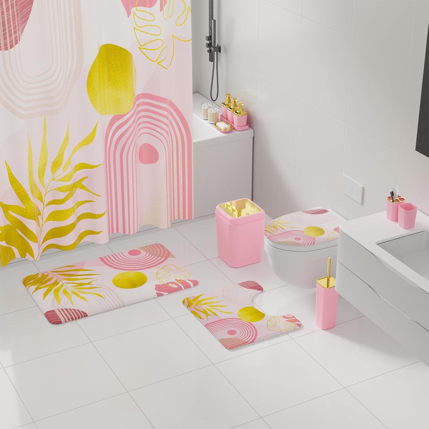 Bathroom Set - Bathroom Sets with Shower Curtain and Rugs, Bathroom Accessory Set, Pink Bathroom Accessories Set with Trash Can, Toilet Brush and Soap Dispensers