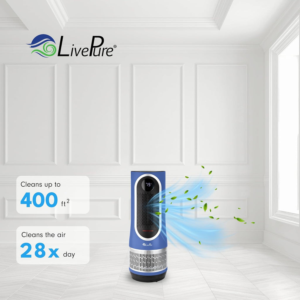 LivePure 3-in-1 LP520 Clean Heat Air Purifier & Electric Heater – 2 Heat Modes and Air Filtration – for Indoor Use in Bedrooms, Home Office & Apartments, Blue