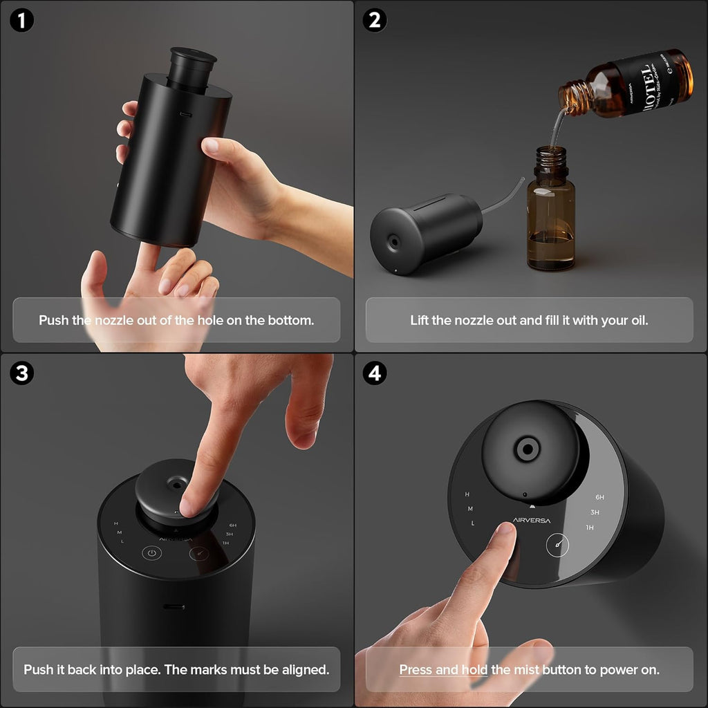 Airversa Waterless Essential Oil Diffuser Starter Kit with 4 x 10mL Fragrance Scent Oil, Battery Operated Mini Scent Air Machine Portable Diffuser for Home Car Office, ANX Titanium Kit01