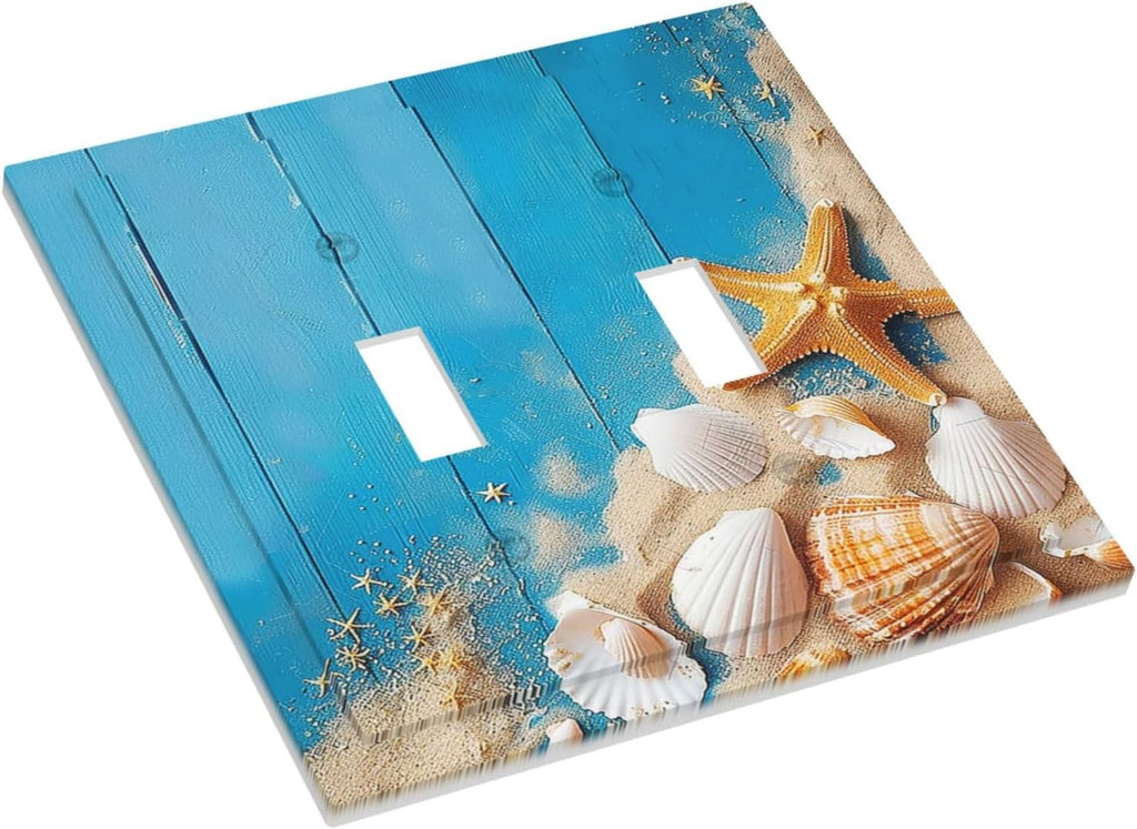 Decorative Switch Plates Blue Wood Grain Beach Shell Starfish 2 Gang Double Toggle Outlet Light Switch Cover Wall Plate Electrical Faceplate for Bathroom Farmhouse Decor