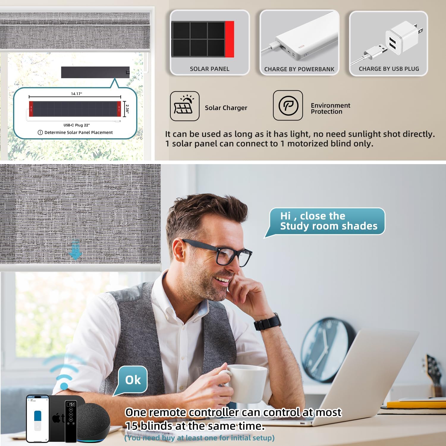 SmartWings Motorized Light Filtering Shades, 70% Blackout, Custom Size, Rechargeable Battery, Works with Matter/Apple HomeKit, Alexa, Thread/Zigbee, Remote Optional, 70% Safari Midnight