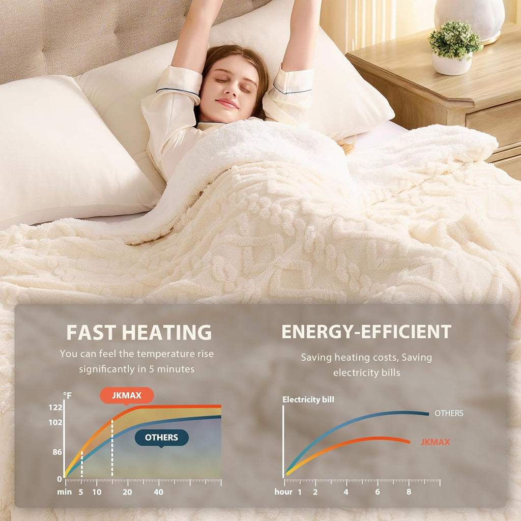 Heated Electric Blanket King Size-100"x90" Heating Blanket with 10 Heating Levels & 5 Time Settings Over-Heat Protection，Winter Warmer for Adults with ETL Certification（Cream）