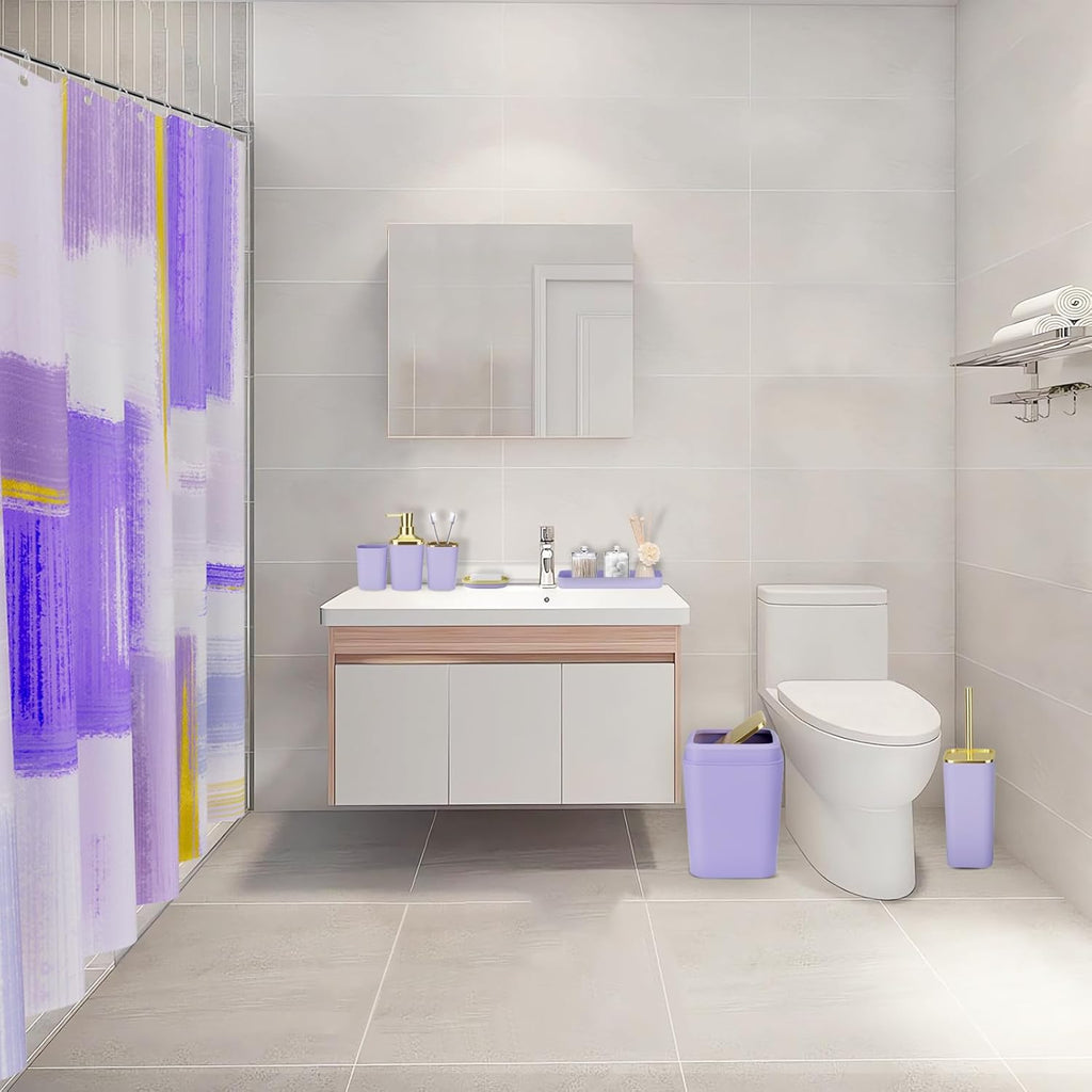 Purple Bathroom Accessories Set, Bathroom Sets with Shower Curtain, Purple Bathroom Accessories with Trash Can, Soap Dispenser, Soap Dish, Toilet Brush Holder, Qtip Holders for Bathroom