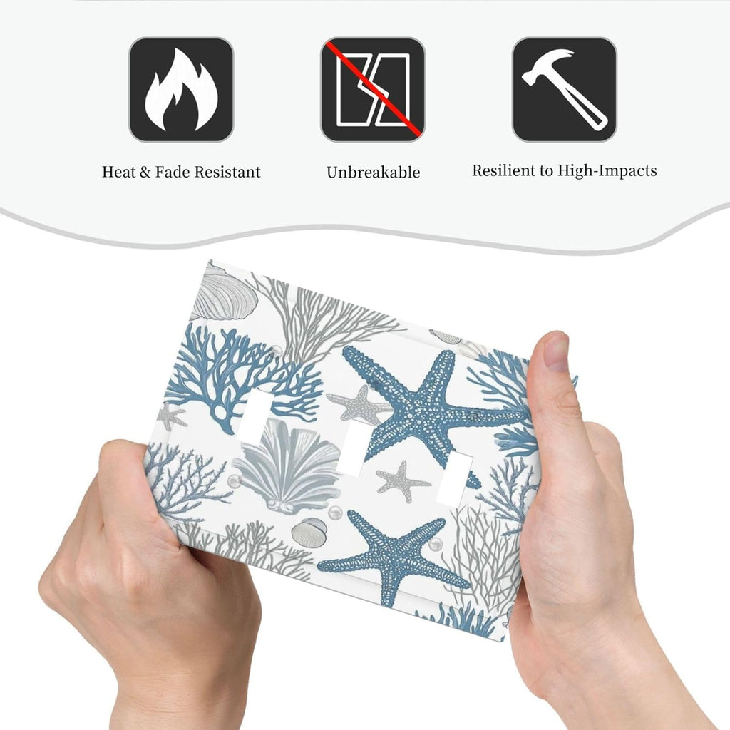 Blue Starfish Nautical Beach Conch Coastal Coral Shell Decorative Switch Plates 3 Gang Wall Plate Triple Toggle Light Switch Cover Faceplate Electrical Wall Panels For Kids Room Bathroom Decor
