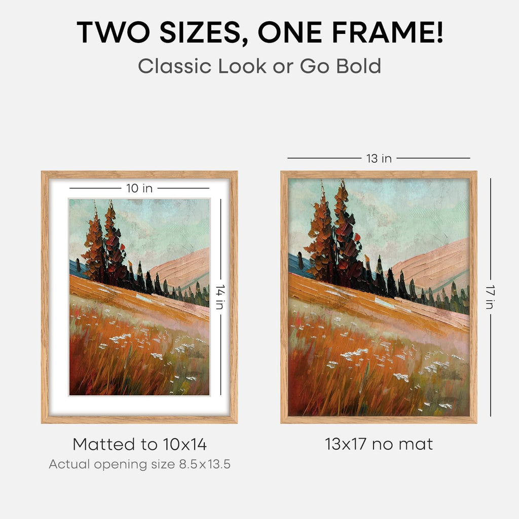 Homeforia 13x17 Picture Frame Natural Wood, High End Oak 13x17 Light Wooden Poster Frame with Mat 10x14, 13 x 17 Frames Matted to 10 x 14 Photo, 17x13 Hanging Frame, Tempered Glass, Wall Kit, Set of 1