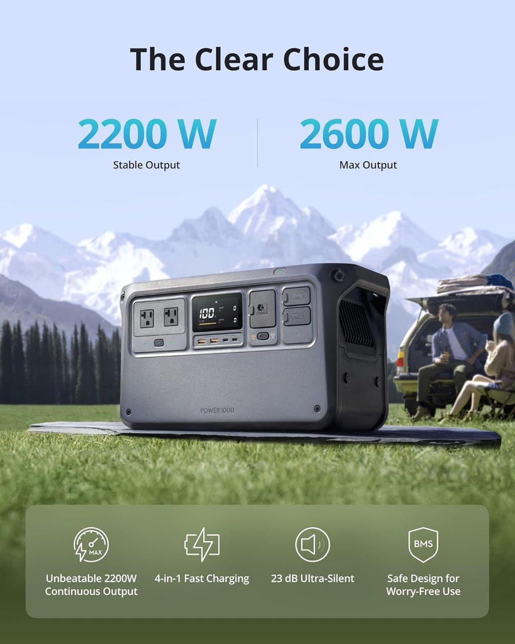 DJI Power 1000 Portable Power Station, 1024Wh LiFePO4 Battery, 2200W (Peak 2600W) AC/140W USB-C Output, 23db Ultra-Silent, Solar Generator For Home Backup, Camping(Solar Panel Optional)