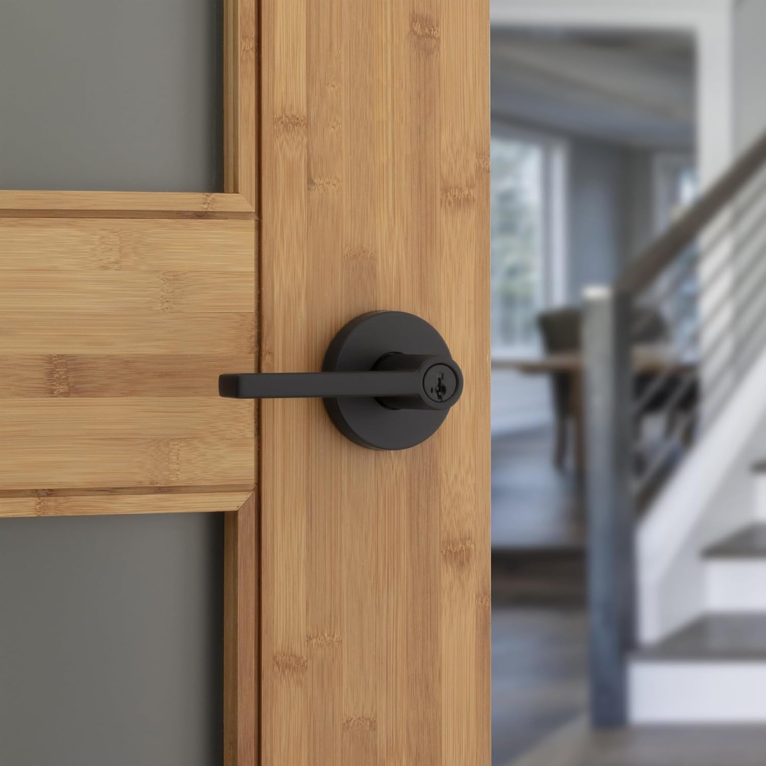 Kwikset Halifax Entry Door Handle with Lock and Key, Secure Round Keyed Reversible Lever Exterior, for Front Entrance and Bedrooms, Matte Black, Pick Resistant Smartkey Rekey Security and Microban
