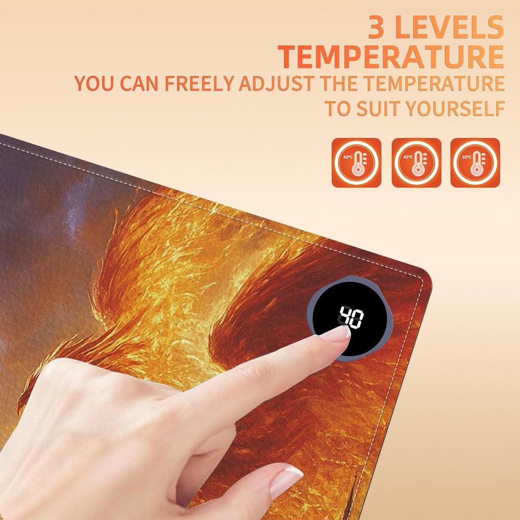 Heated Mouse Pad 31.5x13 in 3-Temp Fast Heating Desk Mat with Auto Timer Warmer for Hands Wrist Pain Relief Waterproof Keyboard Mat for Office, Gaming, Home, Dragon Battle Art