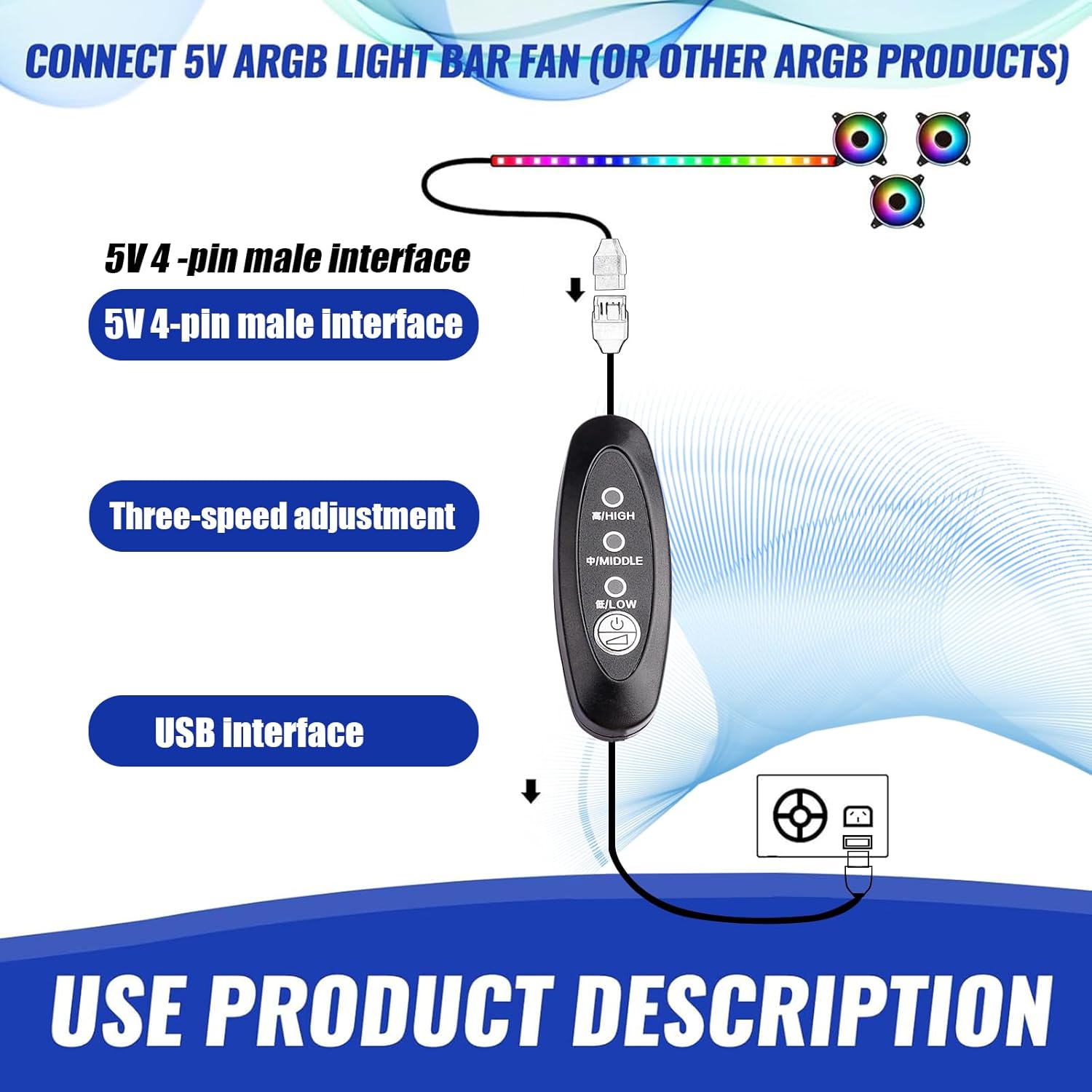 USB Fan Speed Controller, 3 Voltage Settings 5V/7V/9V with LED, 50cm Cable Length, Touch Switch Cycle Control, Black PVC Box, DIY Cooling/Desktop Fan Modification