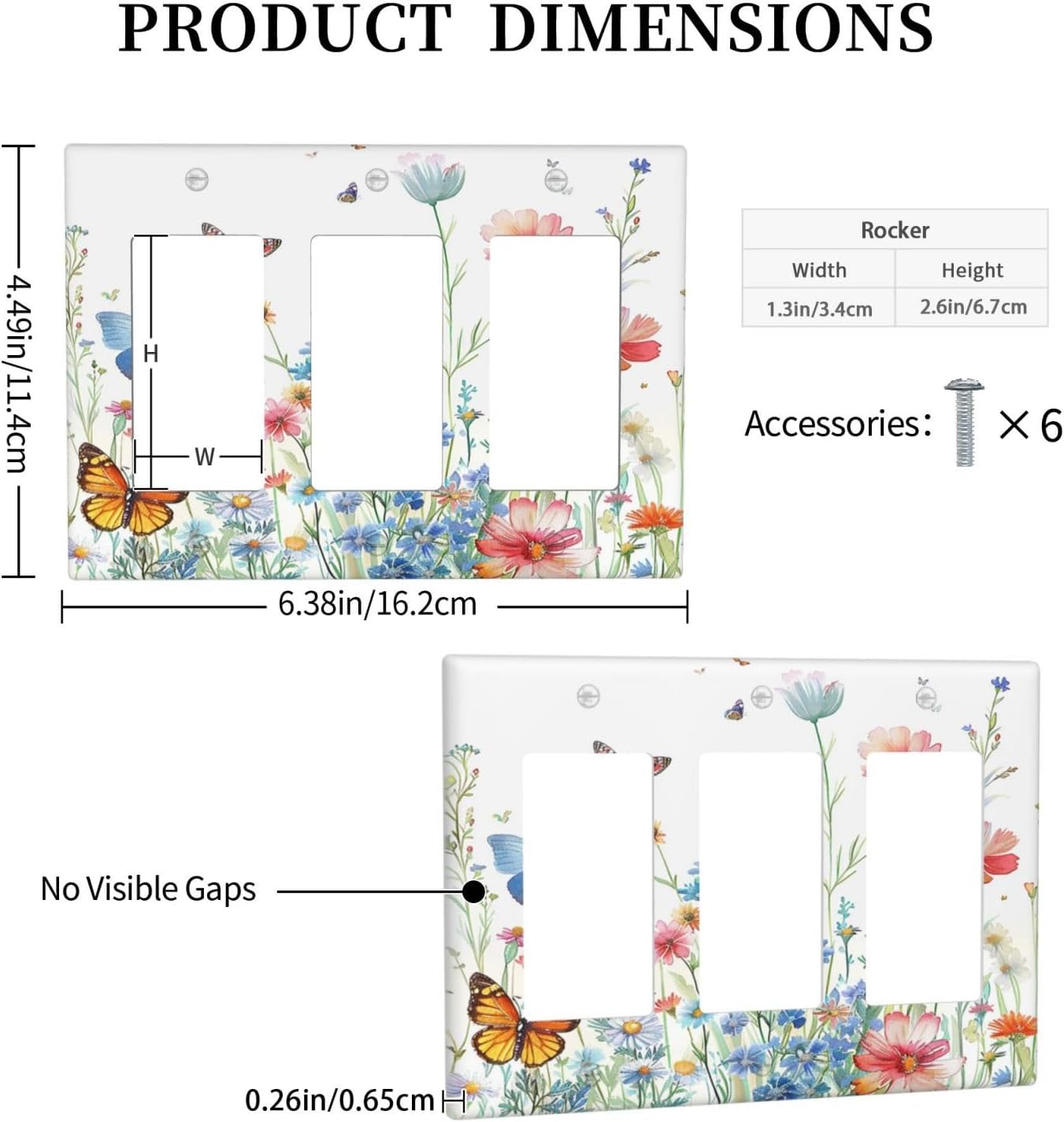 Decorative Outlet Covers Rustic Wildflower Blue Pink Floral Butterfly 3 Gang Light Switch Cover Plate Triple Rocker Wall Plates for Electrical Outlets Switch Plate Covers for Home Decor