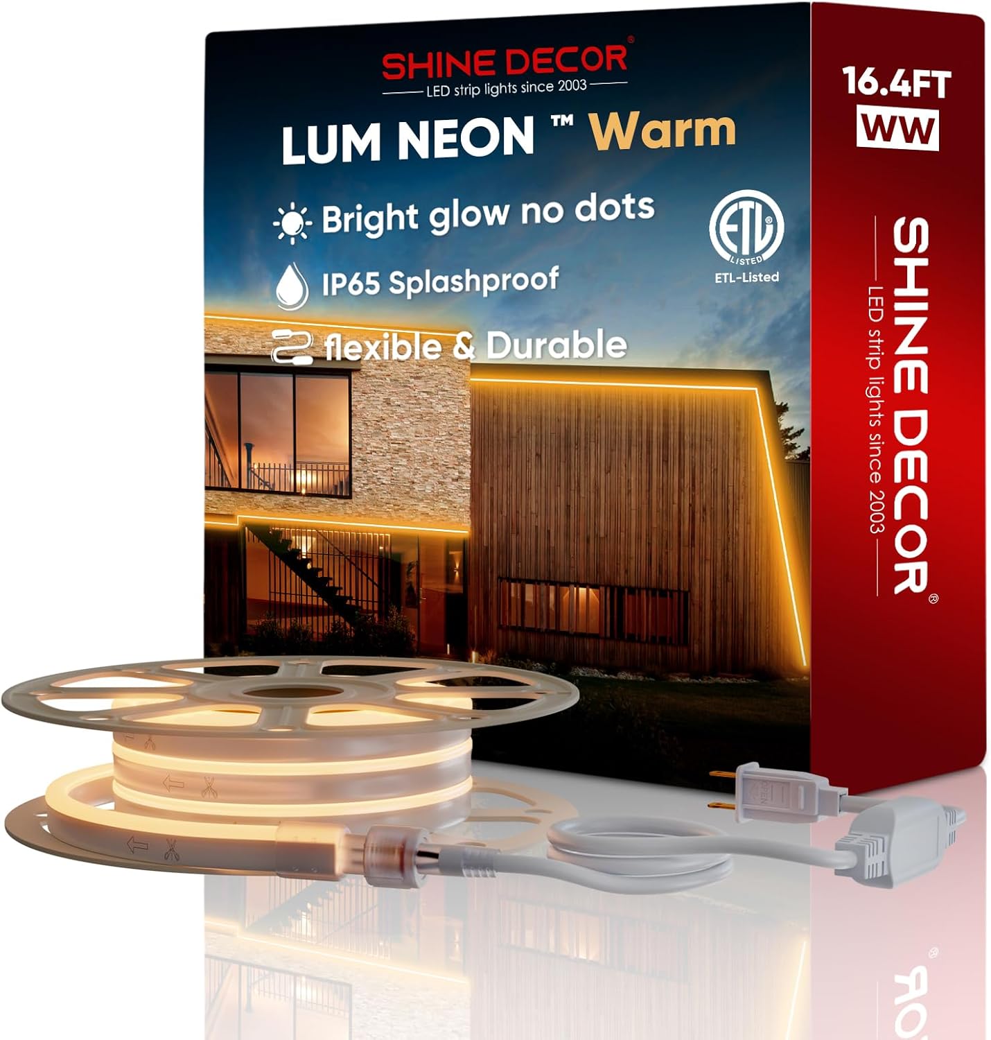 Shine Decor LED Neon Rope Lights AC 120V, Expandable & Cuttable 120LEDs/M Bright Strip Lighting, ETL Cold-Resistant & IP65 Waterproof for Indoor Outdoor, 8x16mm, 2500K Warm White, 16.4ft
