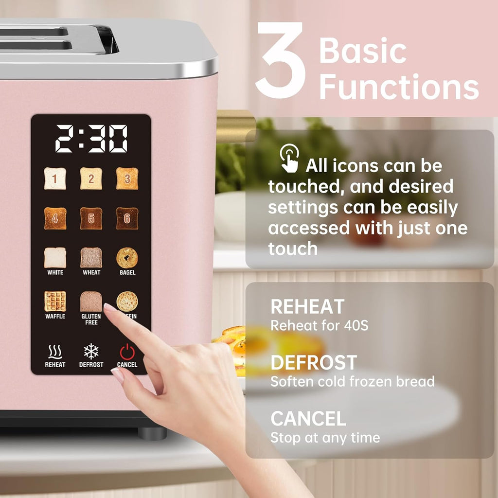 SEEDEEM Toaster 2 Slice, Touch Control Screen, Smart Stainless Toaster, 6 Shade Setting, 6 Bread Selection, Countdown, Removable Crumb Tray, 900W, Peach Pink