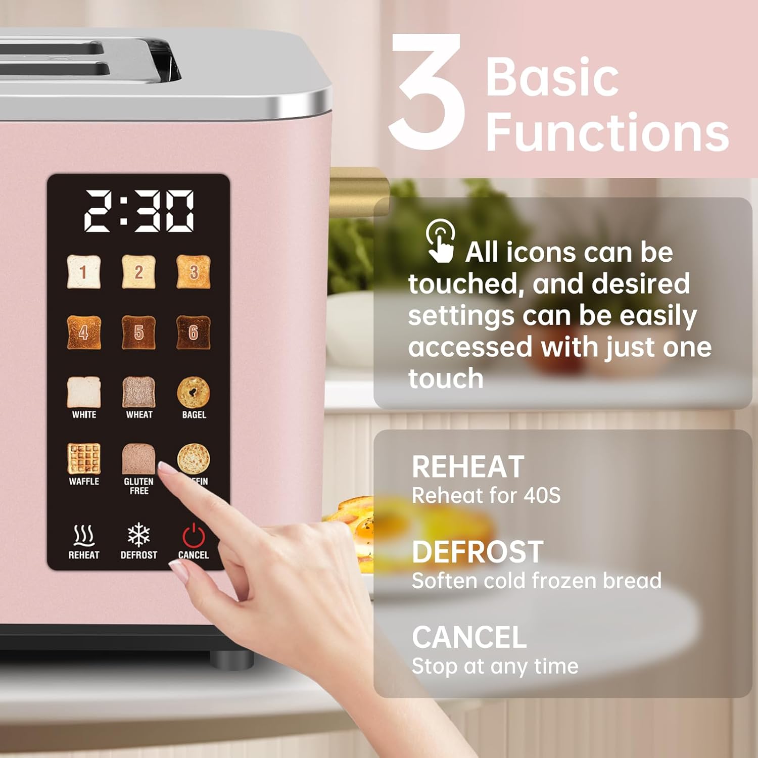 SEEDEEM Toaster 2 Slice, Touch Control Screen, Smart Stainless Toaster, 6 Shade Setting, 6 Bread Selection, Countdown, Removable Crumb Tray, 900W, Peach Pink