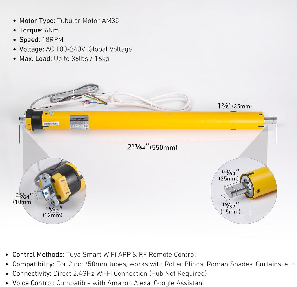 AM35 Smart WiFi Blinds Motor, Tuya App Control, AC 100-240V for 2 inch (50mm) Tubes, 6N.m Torque, Compatible with Alexa & Google Home, No Hub Required for Motorized Roller, Roman, ZebraShades