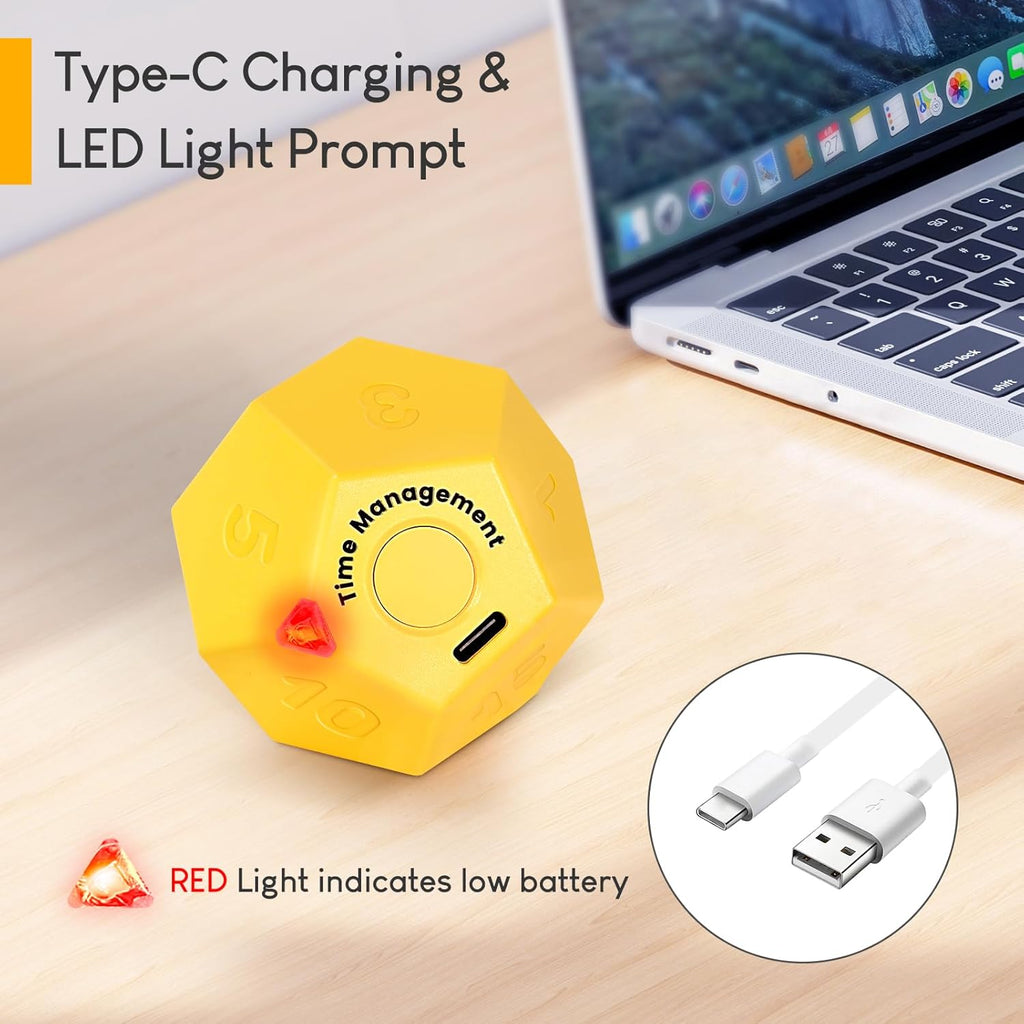 Yellow Pomodoro Timer - 11 Preset Productivity Cube, Ring/Vibrate Mode, Rechargeable, Perfect for Cooking, Learning, Exercise and Beauty