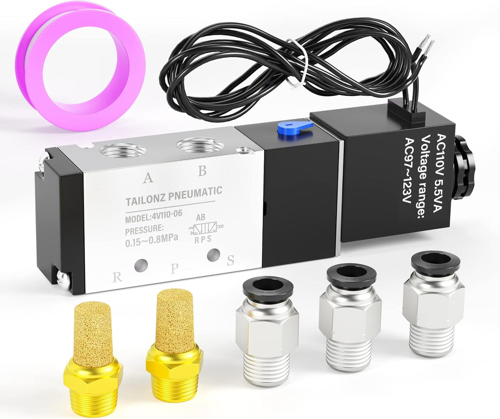 TAILONZ PNEUMATIC 1/8"NPT Solenoid Valve 4V110-06 AC110V Single Coil Pilot-Operated Electric 2 Position 5 Way Connection Type Outlet wire