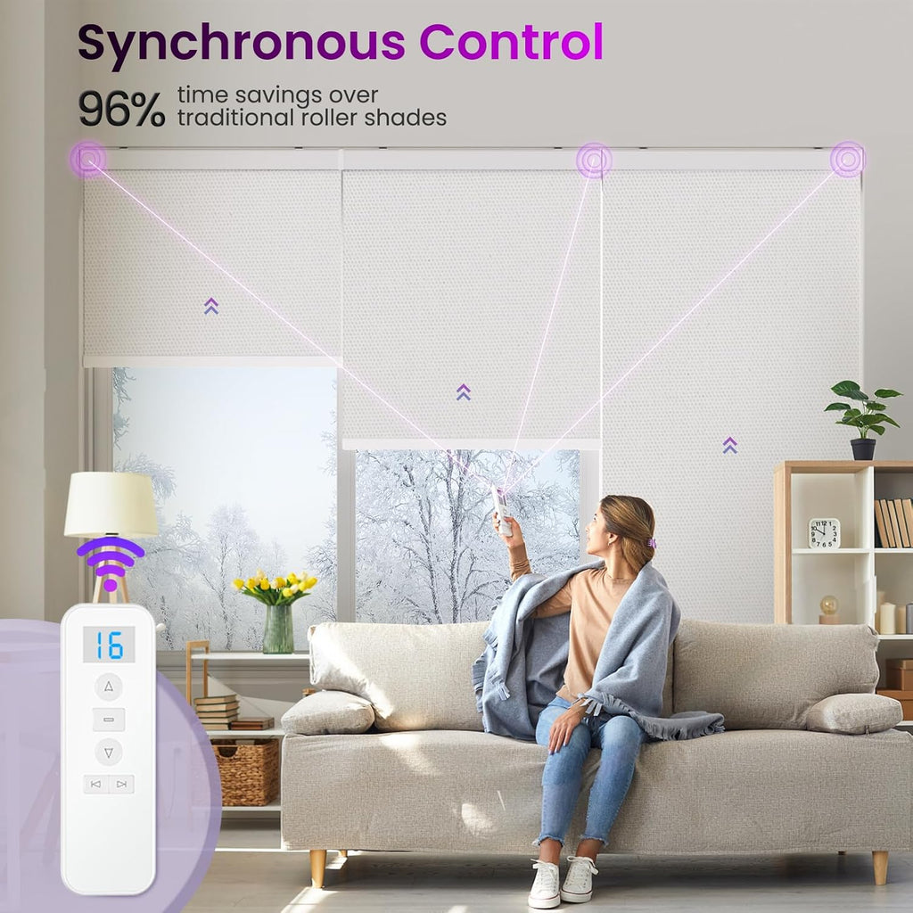 Astomi Motorized Roller Shades for Windows, Blackout Smart Blinds for Indoor, Effortless Remote & Voice Control, Compatible with Alexa, Google Home, Custom Size，Fabric-Pure White