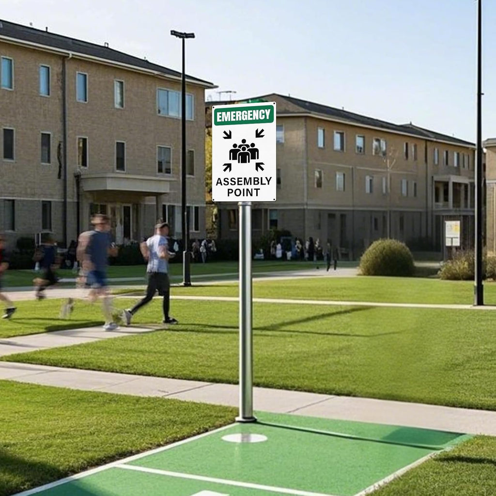 Emergency Assembly Point Sign with Pre-Drilled Holes 18 × 12 Inches Reflective Aluminum Waterproof Signage for Warehouse School Hospital