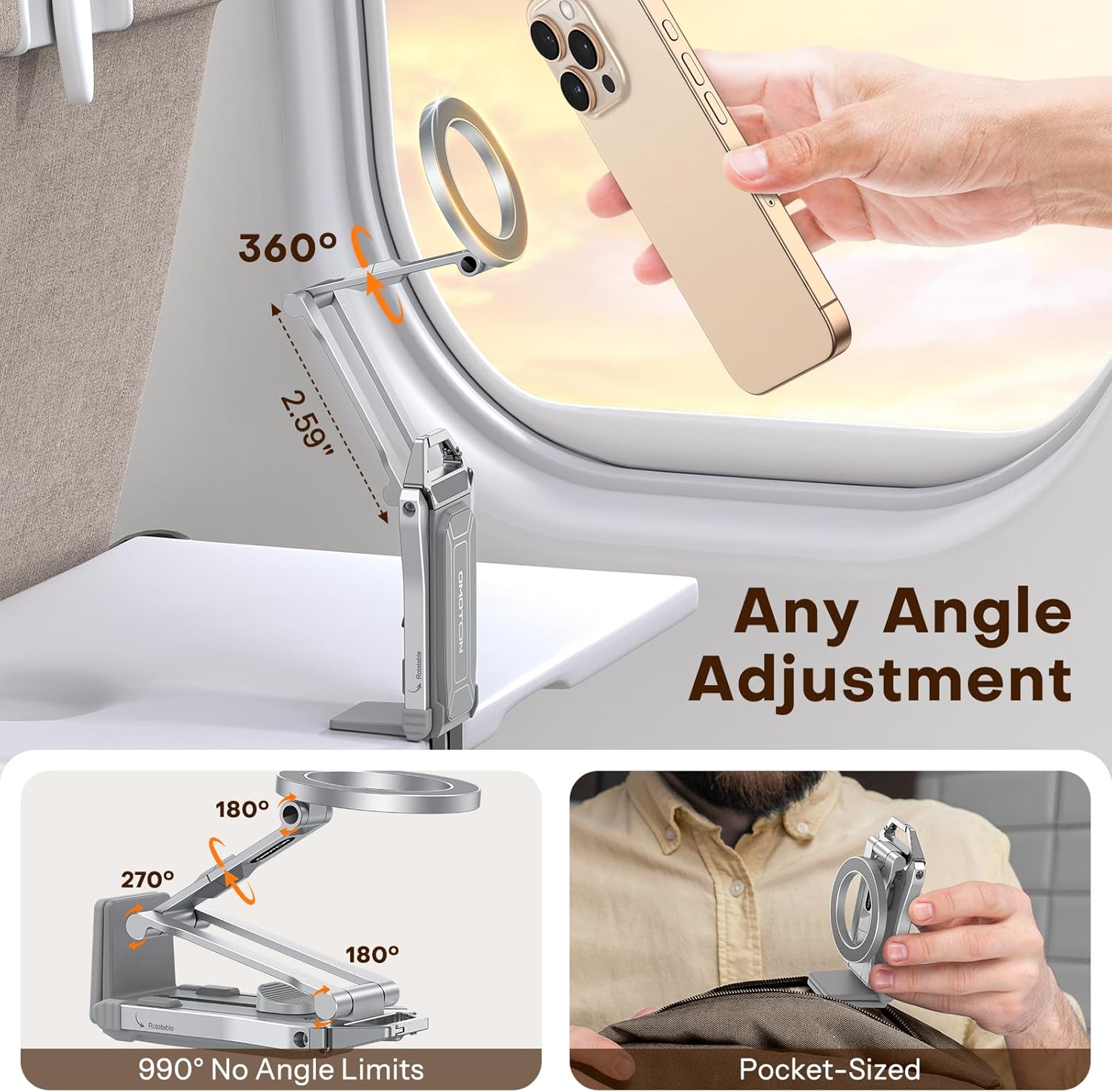 OMOTON 360°Rotating for MagSafe Tripod Mount, Adjustable Aluminum Magnetic Phone Tripod for iPhone 17/16/15/14 Pro Max Air, Foldable Cell Phone Stand Fits Vlog, Gym, Travel Essentials, Silver
